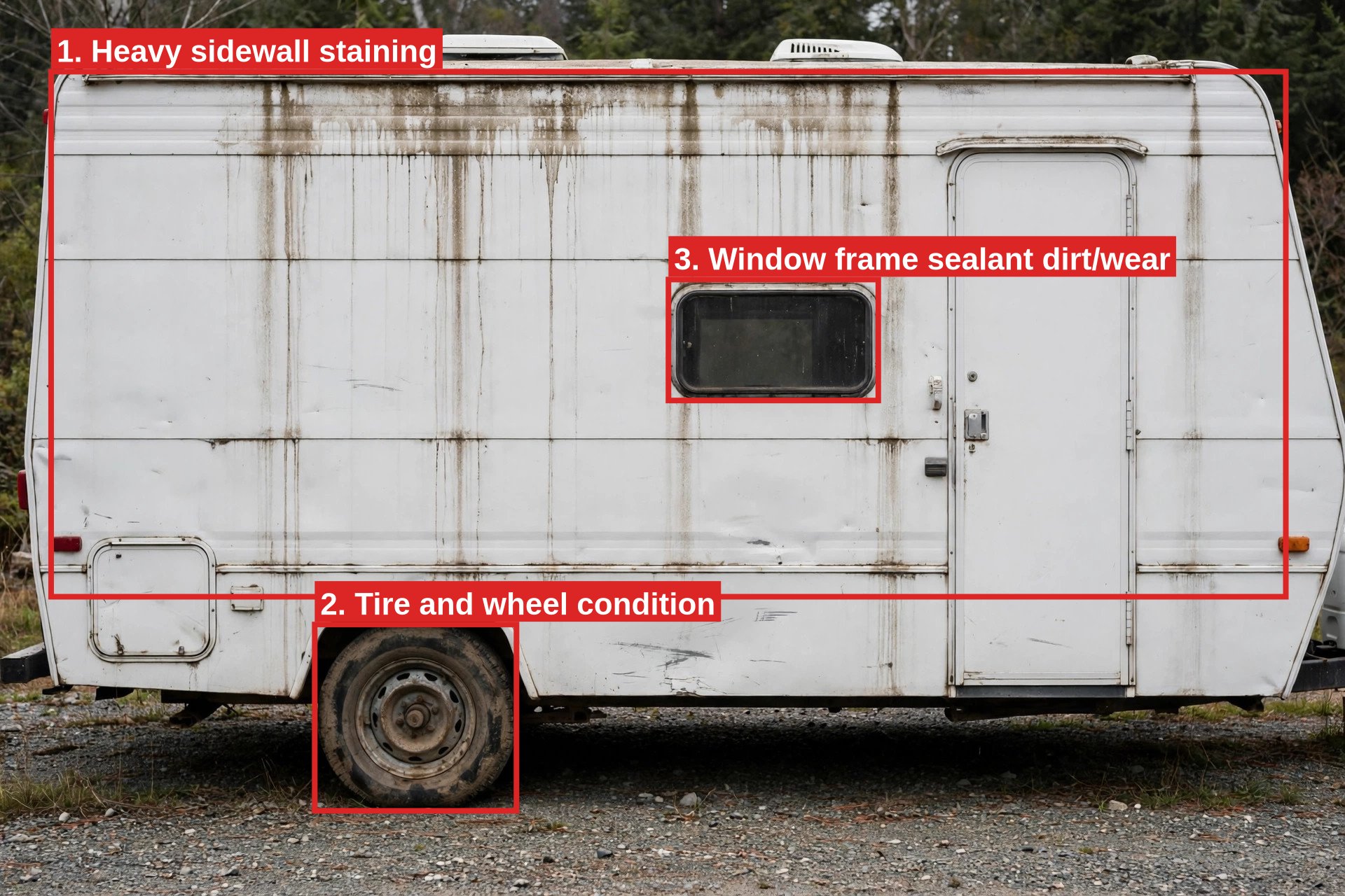 Annotated trailer side view: heavy sidewall staining, tire and wheel condition, window frame sealant wear