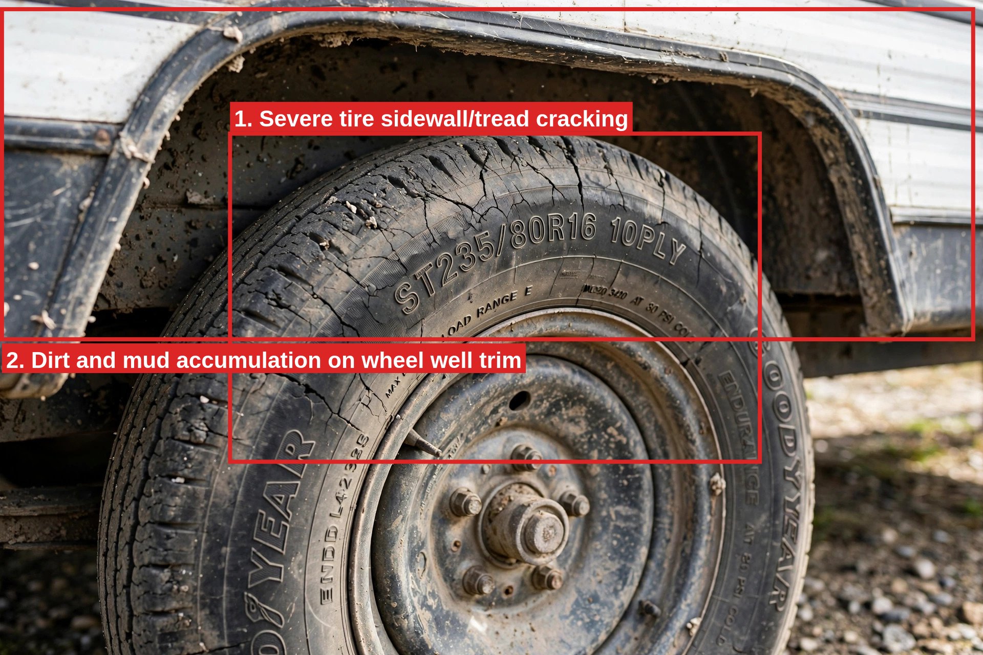 Annotated tire close-up: severe sidewall cracking, wheel well dirt